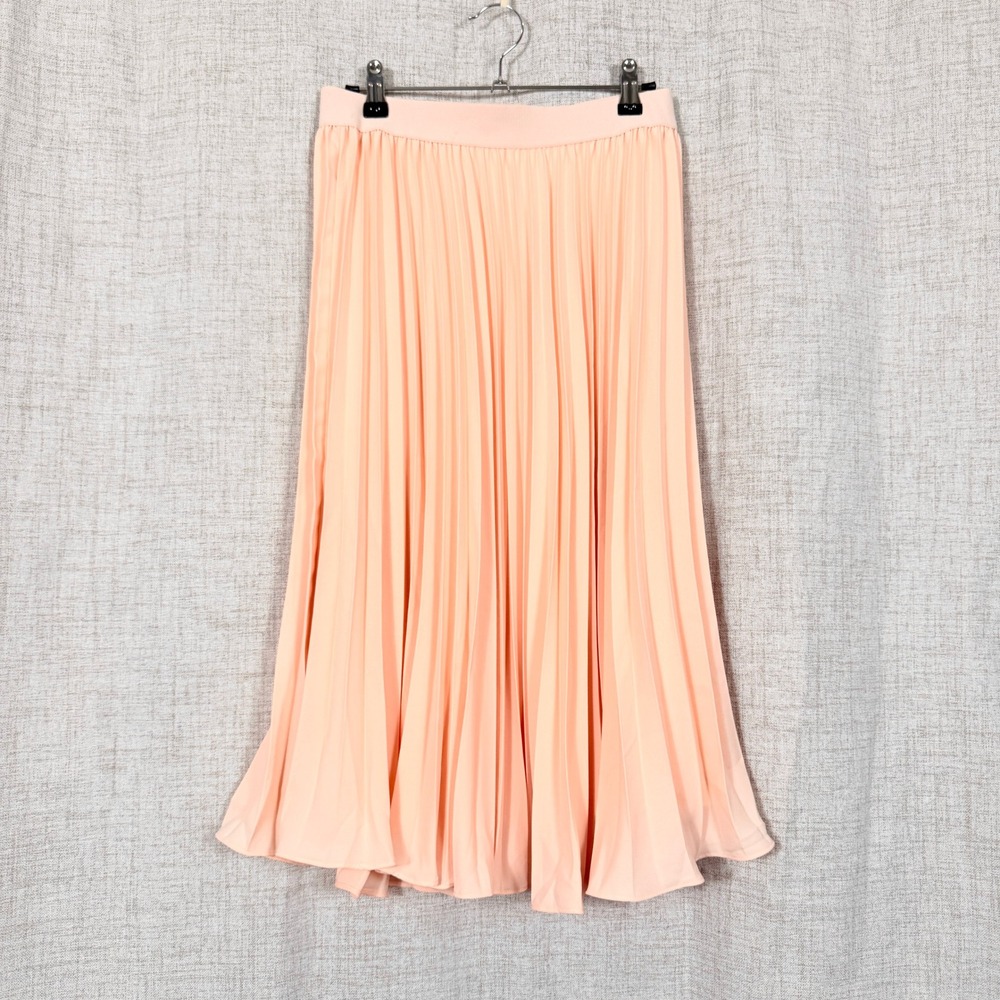 Kate Kasin Pleated Midi Skirt M Peach Apricot Accordion Flowy Romantic Feminine